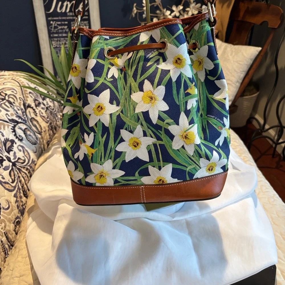 Dooney & Bourke Blue Floral Bucket Bag with Tan Trim - Picture 5 of 13